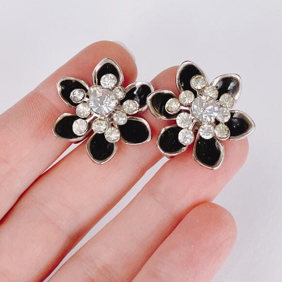 VTG Signed Coro Screw Back Earrings Black Enamel Rhinestone Mid Century - Picture 2 of 10